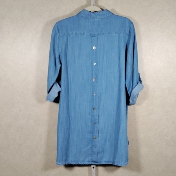 01549 Toofan blue chambray button front tabbed sleeve shirt M NWT - Picture 8 of 12